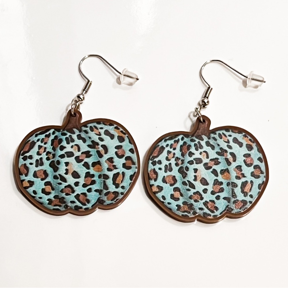 Turquoise Leopard Print Pumpkin Dangle Earrings